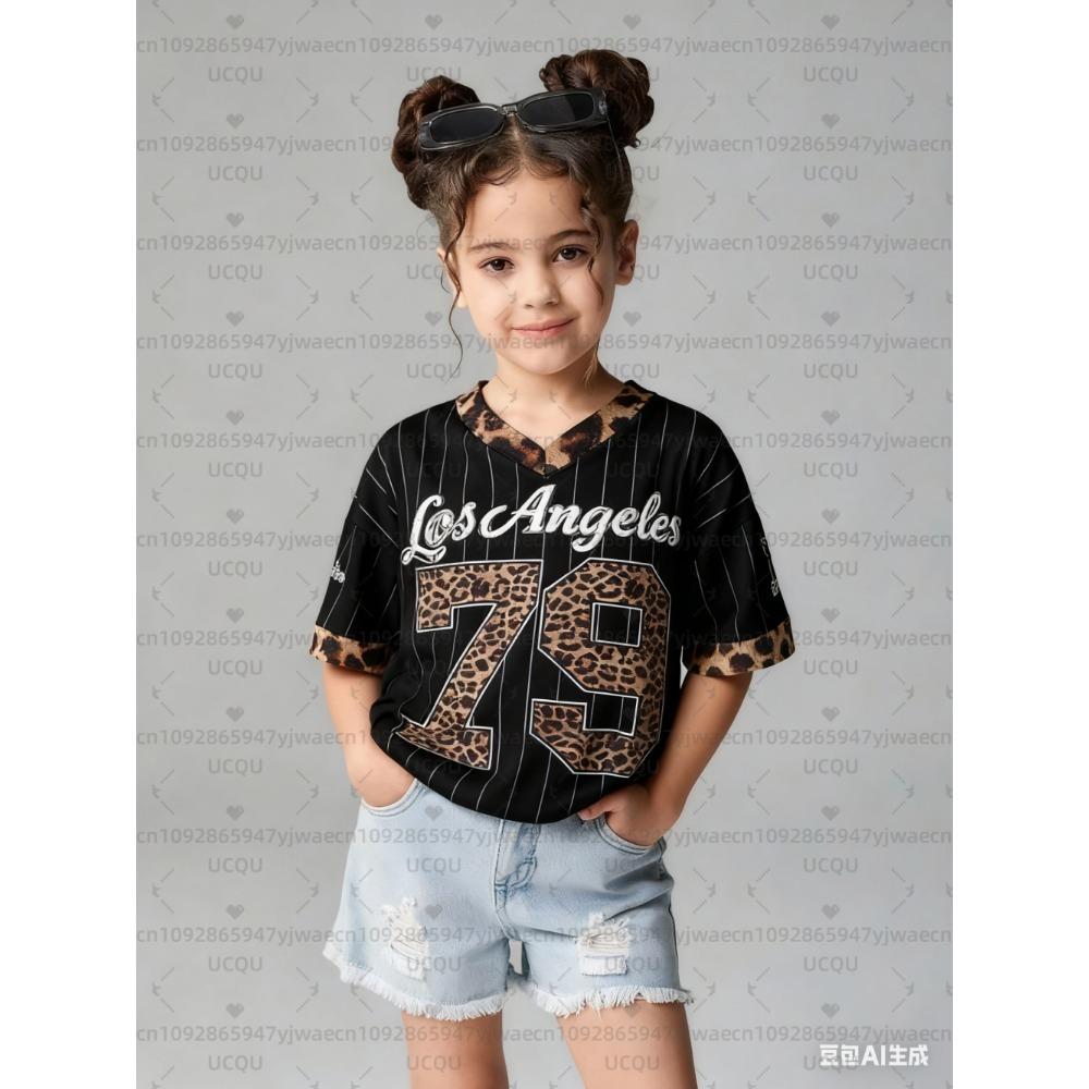 Girls Casual Sports Style Los Angeles NO.79 Pattern Color Block Print Short Sleeve V-Neck Children T-shirt Tops