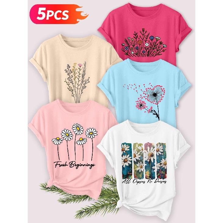 Five-piece set Elegant short-sleeved shirt for women Artistic floral print round-neck women's short-sleeve shirt suitable for spring and summer