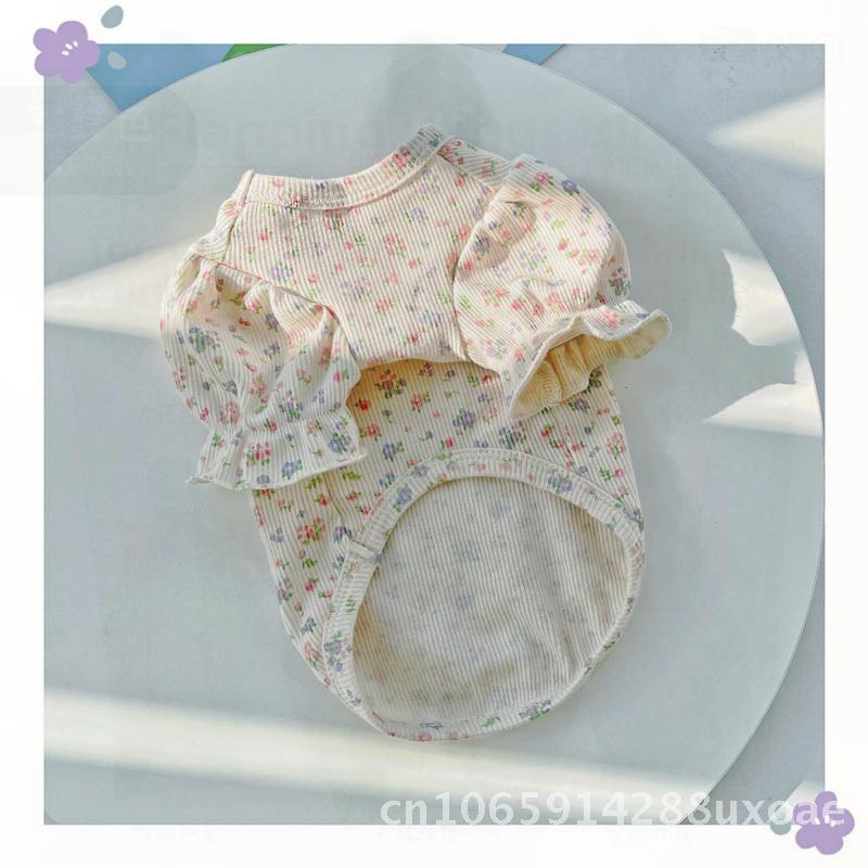 Floral Bubble Sleeve Pet Clothes for Small Dogs Cats And Teddy Bear Cotton Princess Style Summer Autumn Clothing