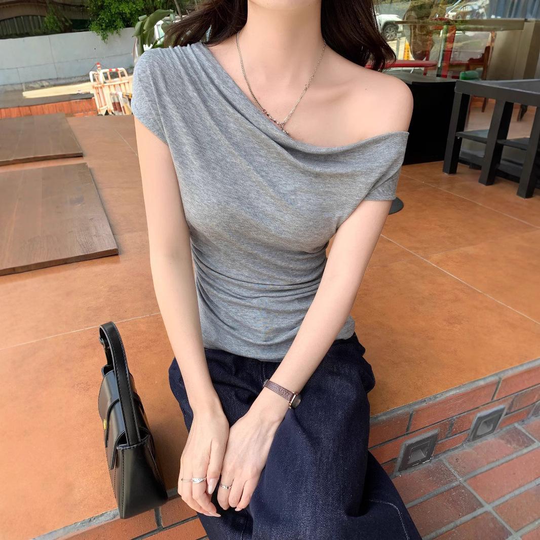 

Женская футболка с короткими рукавами и открытыми плечами, летний новый дизайн, шикарная и модная однотонная сексуальная короткая майка с открытыми плечами XL серый