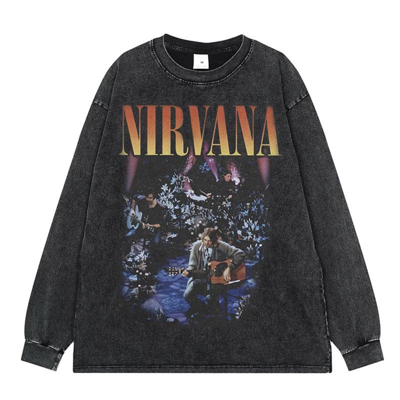 Maglietta a maniche lunghe band Nirvana vintage europeo e americano lavata effetto invecchiato maglietta a maniche corte Nirvana per uomo e donna