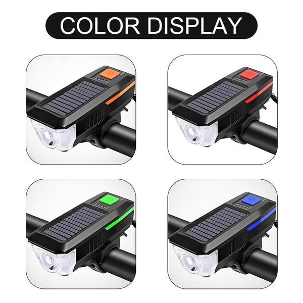 Lampă solară pentru bicicletă, reîncărcabilă prin USB, set de lumină și claxon pentru bicicletă, 3 moduri pentru echipamentul de călărit de noapte