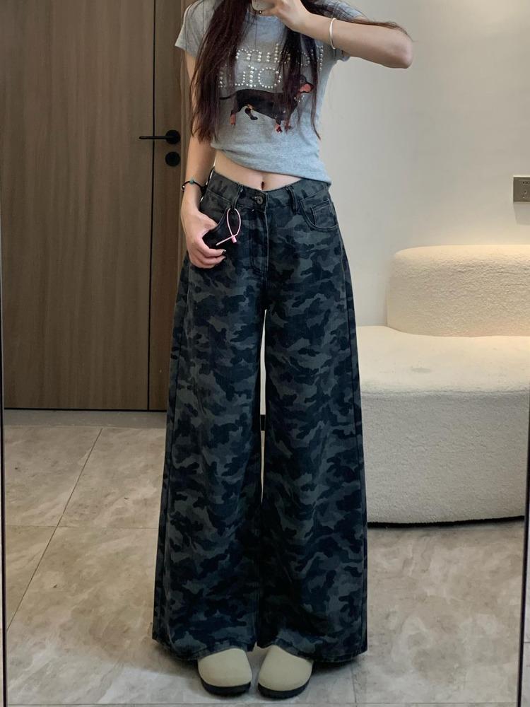 

Удобные джинсы широкого кроя камуфляжной расцветки большого размера, женский дизайн, нишевый, для невысоких, свободные, повседневные, прямые, длинные брюки, длинные джинсовые брюки 4XL