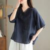 Women Summer Tops V-neck Half Sleeve Embroidery Pattern Pullover Tops Solid Color Loose Fit Commuting Style Tops