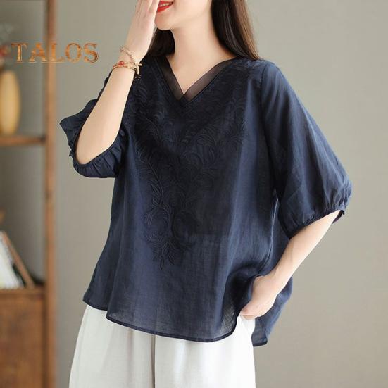 Women Summer Tops V-neck Half Sleeve Embroidery Pattern Pullover Tops Solid Color Loose Fit Commuting Style Tops