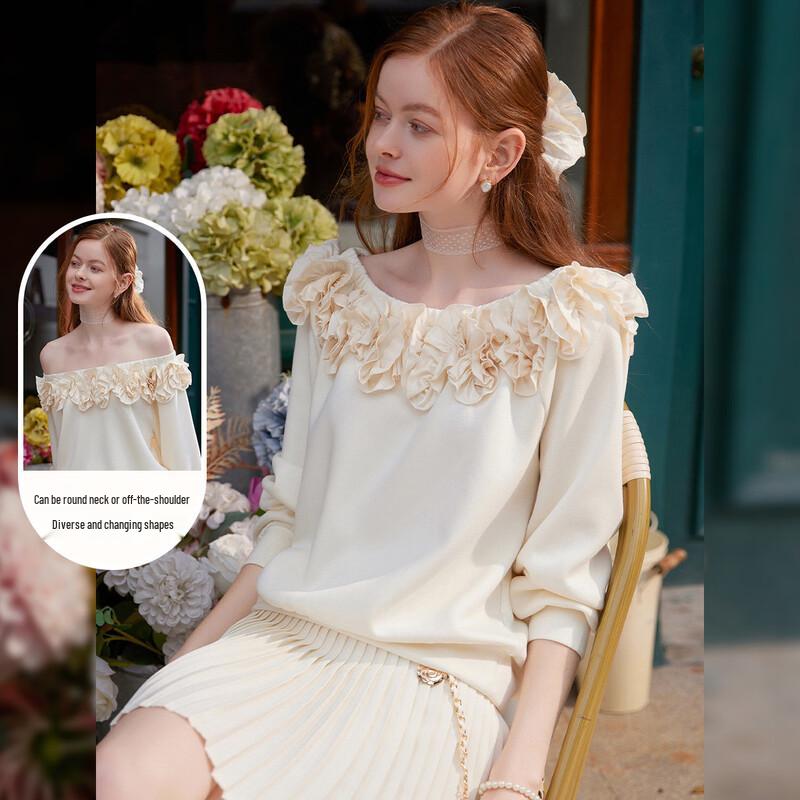 Women s Floral Ruffle Round Neck Sweatshirt L