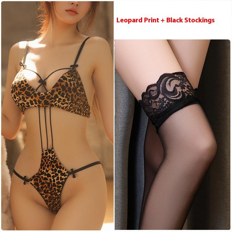 Sexy Tight Onesie Hollow Strap Leopard Print Three-point Female Passion Free Flirting Pure Desire Teasing Lingerie