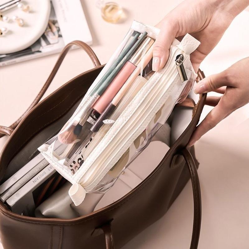 Leather Cosmetic Bag with 4 Clear Removable Separate Compartments Foldable Makeup Bags for Easy Travel and Storage