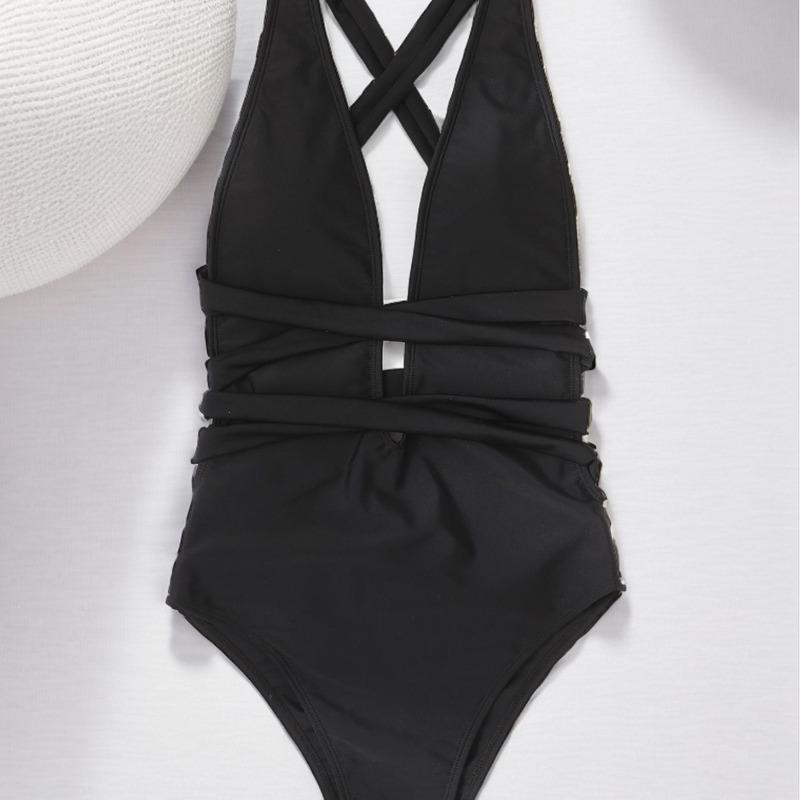 New Solid Color V-neck Bandage One-piece Sexy Backless One-piece Bikini Swimsuit