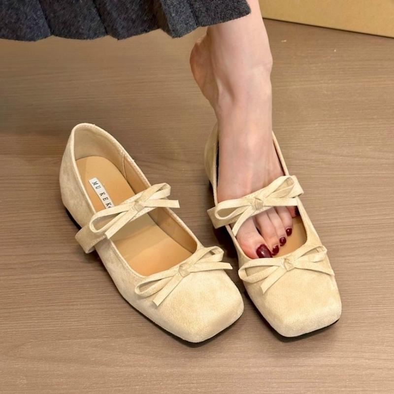 2025 Spring and Autumn New Elegant Style Mary Jane Purple Suede Double Bow Fashion Single Shoes Square Toe Height Increase