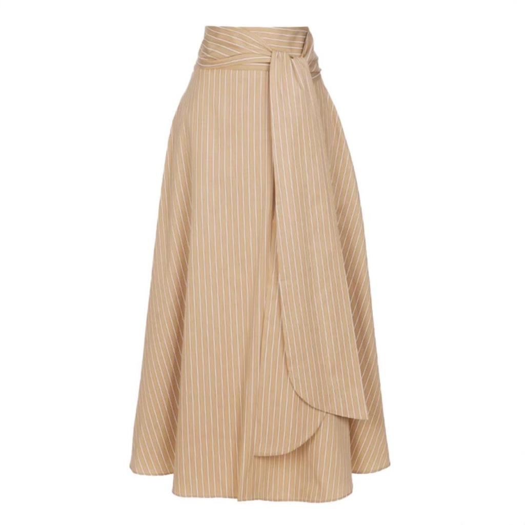 Women's Striped Irregular Midi Skirt, 2025 Spring/Autumn Collection, High Waist Tie A-Line.
