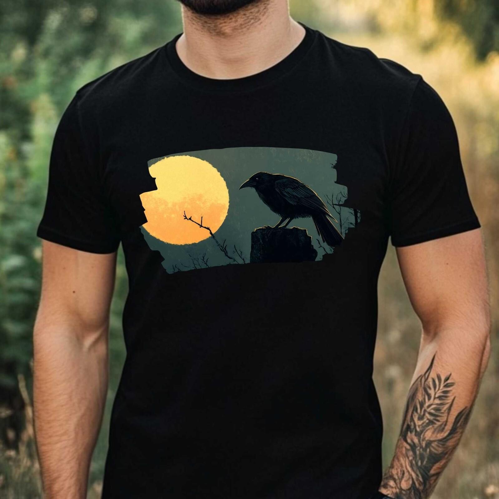 Mens Crow and Full Moon Motif Cotton T-Shirt Size XS to 5XL- XXXXL