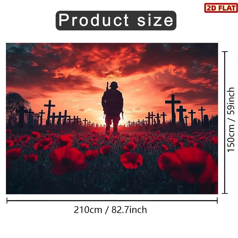 

2D Remembrance Poppy Backdrop, Soldier Sunset Cross Cemetery Background for Memorial Day Decor 47.2x31.5inch/120*80cm