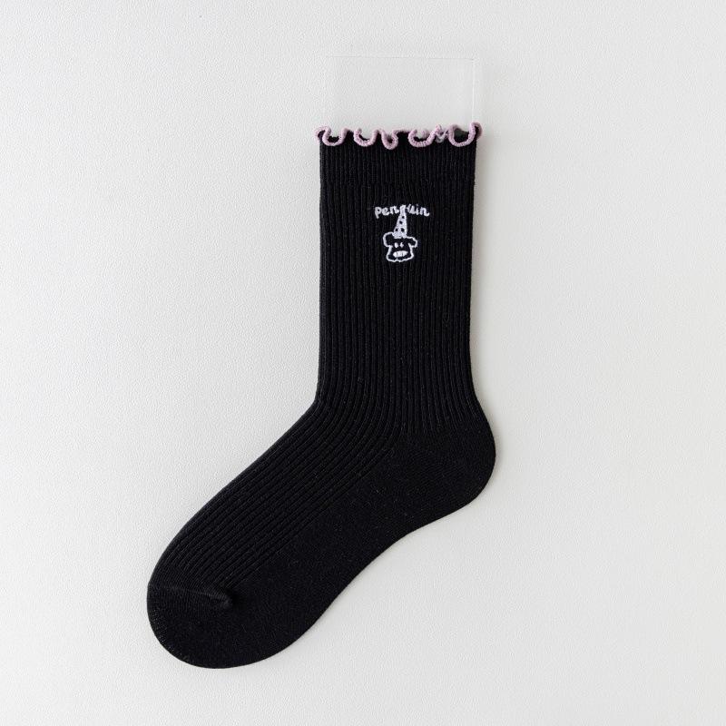 Cartoon-embroidered Socks for Women, Spring and Autumn, Thin and Versatile Mid-calf Socks, Sweet Black Ear-trimmed Pile Socks