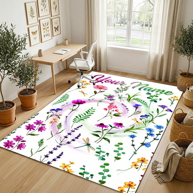 Floral Garden Theme Crystal Velvet Rug Personalized Custom Name Text Soft Floor Mat Home Decor