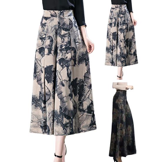 Pantalones de falda para mujer, estampado retro, pierna ancha, sueltos, elásticos, cintura alta, entrepierna profunda, falda falsa de una línea, longitud del tobillo, pantalones novenos, pantalones para madre de mujer de mediana edad
