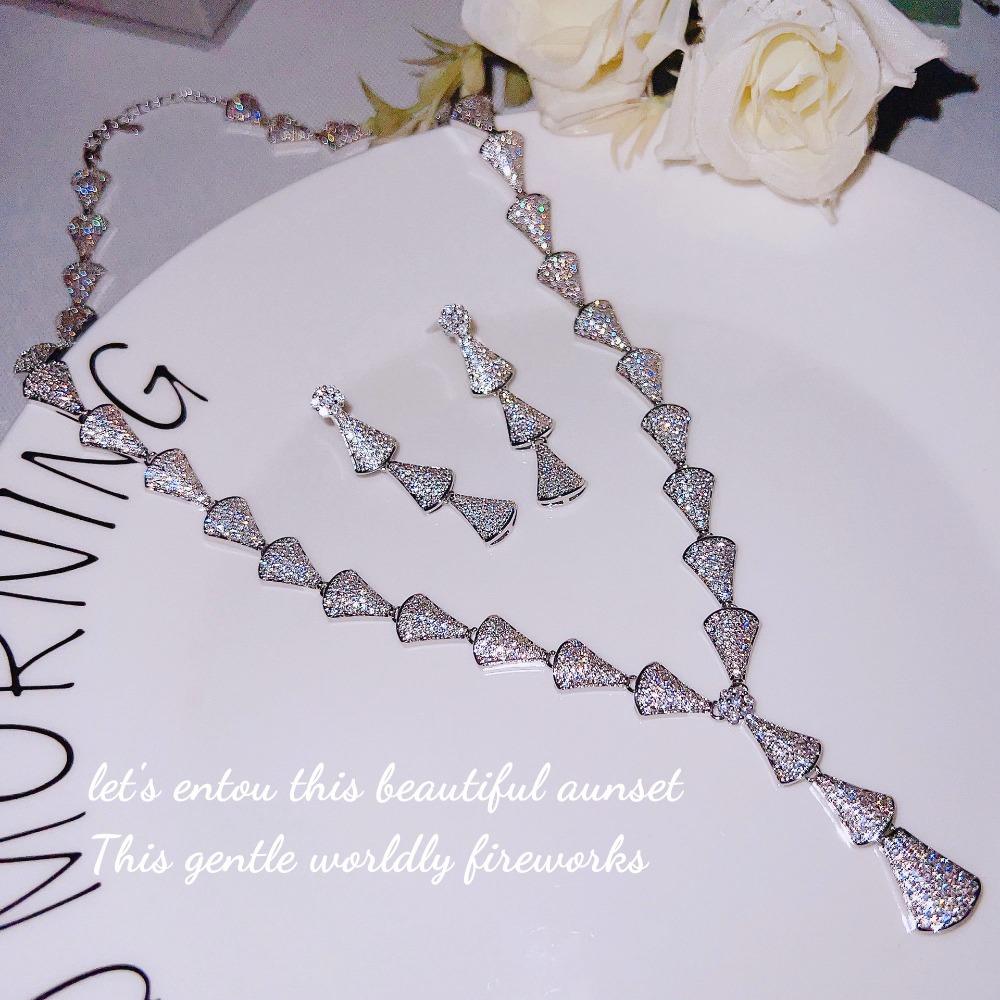 

Elegant Zircon Necklace with Long Fan Earrings Women Jewelry Set Luxury Fashion Accessories