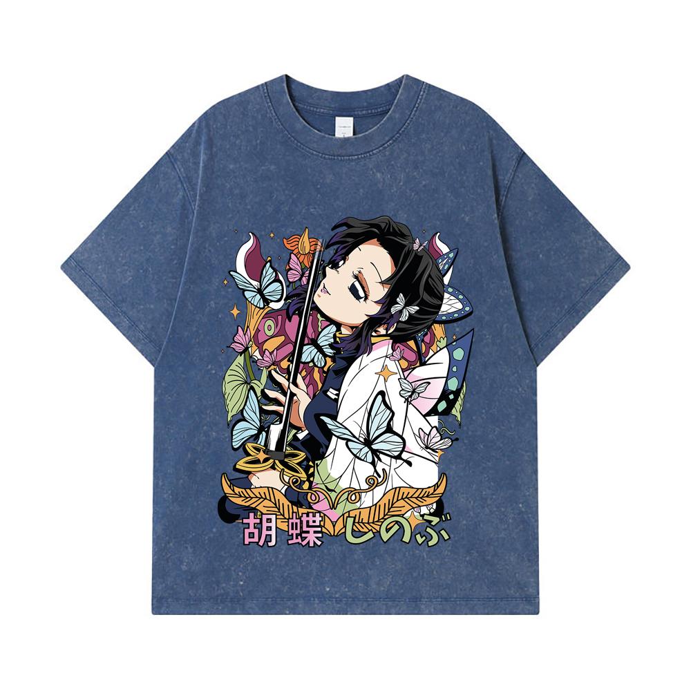 275 GSM Washed T-shirts 100% Cotton Demon Slayer V104 Shinobu Flower Print Unisex Heavy Cotton T Shirt