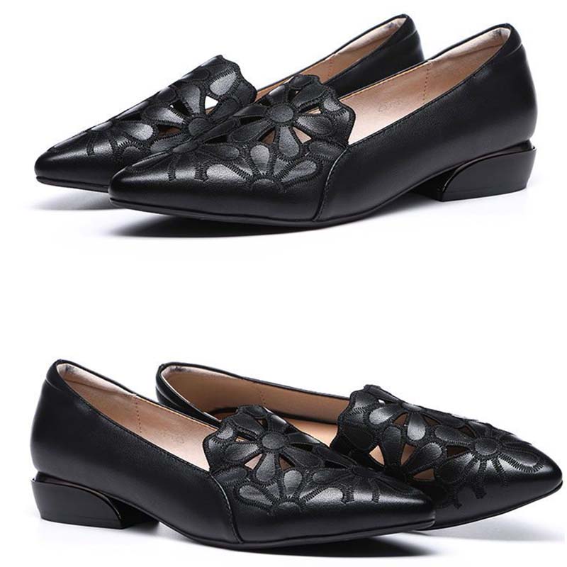 Soft Leather Carved Hollow Women's Leather Shoes Moccasin Work Shoes Cusp Thick Heel Soft Sole Sandals Comfortable Fashion Spring Summer