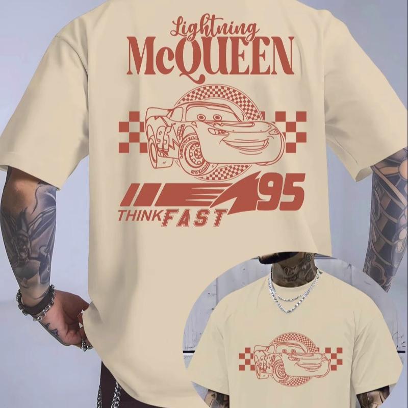 Car Lightning McQueen Adult White TShirt Lightning McQueen Text and Racing Pattern Back Unisex Women Oversize Cotton Top