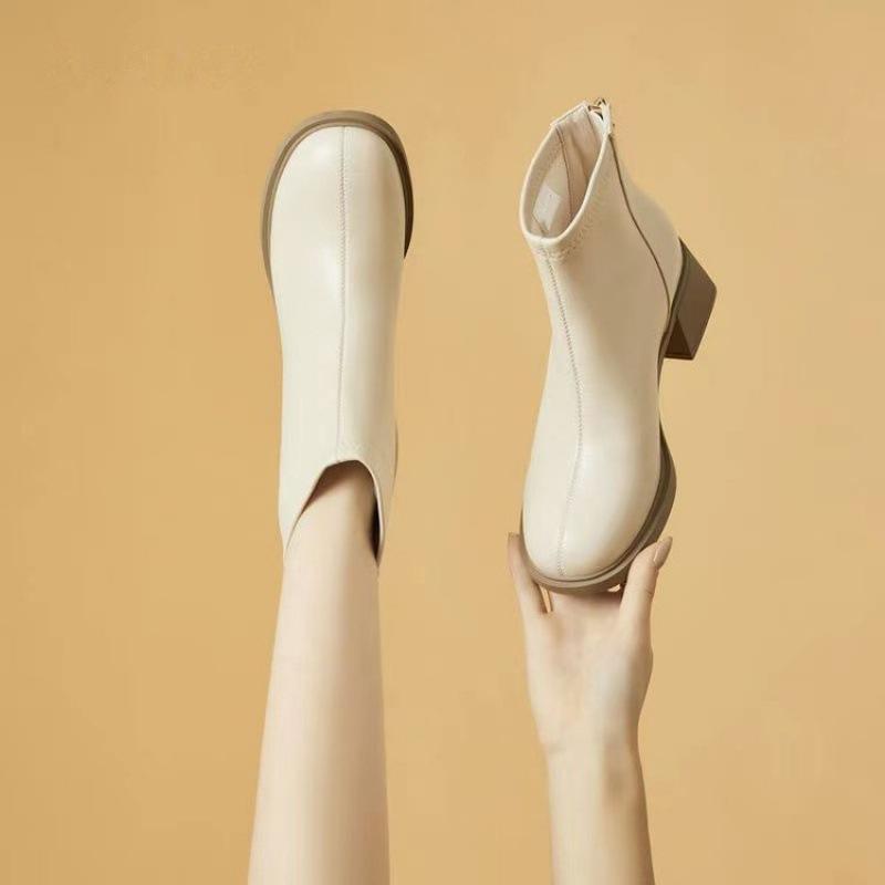 

Soft leather short boots women s square head thick heel new autumn and winter single boots medium heel French white soft leather thin boots women 40