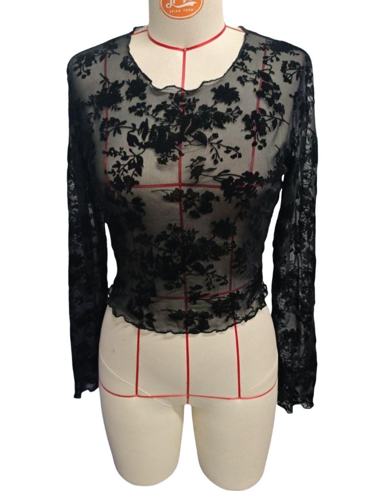 Independent Station Women's Black Sexy Mesh Round Neck Long-sleeved T-shirt Tops Women Versatile Closet Essential Fashion Items Shirt