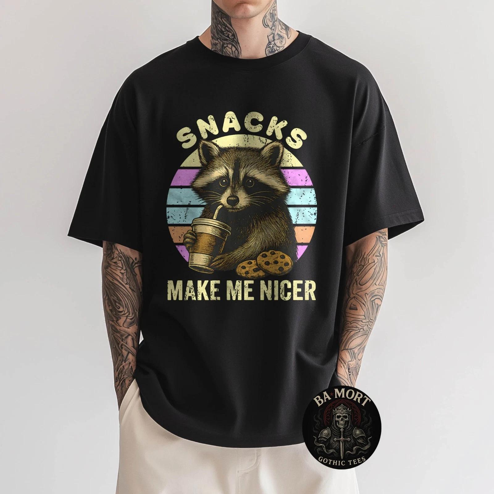 Snacks Make Me Nicer Raccoon Funny Sarcastic Saying Raccoon 100% Cotton T-shirt Mens Tees Top XL