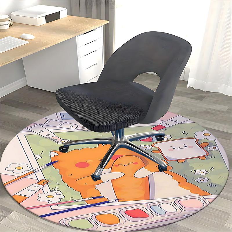 1pc Anime Design Round Carpet Cute Cat and Bread Friends Office Chair Mat, Non Slip Rug for Home Decor, All Seasons