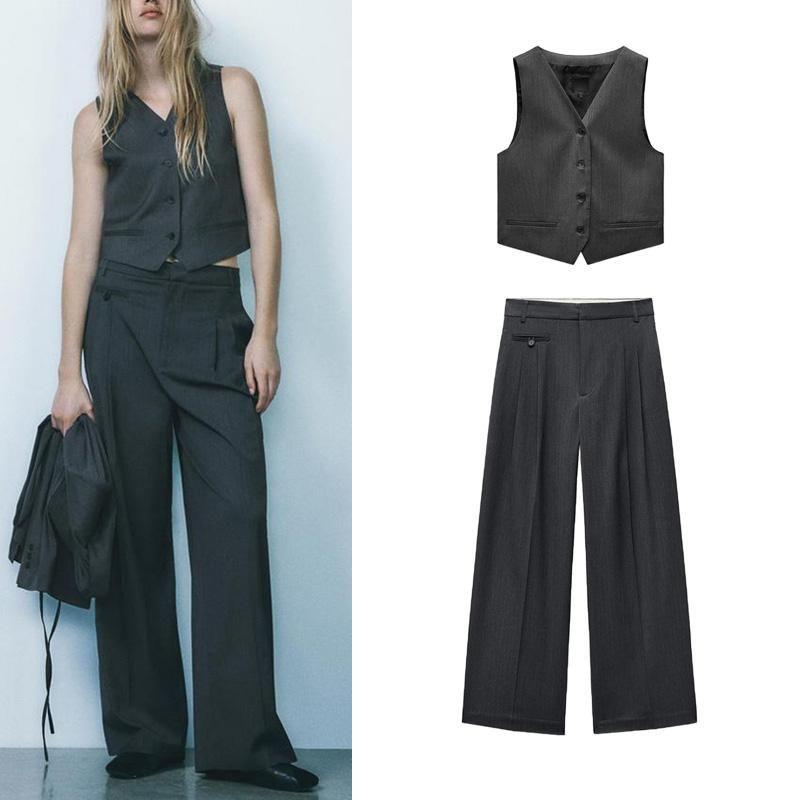 Fall and Winter Pinstripe Sleeveless Suit Vest 4749884 Minimalist Easiest for Match High Waist Wide Leg Pleated Pants 1255539