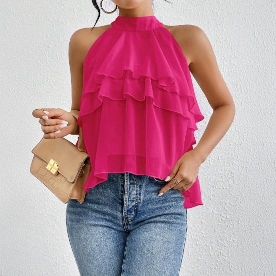 Women Tops Halter Neck Sleeveless Solid Color Pullover Tops Multi Layer Ruffle Hem Commuting Style Short Tops