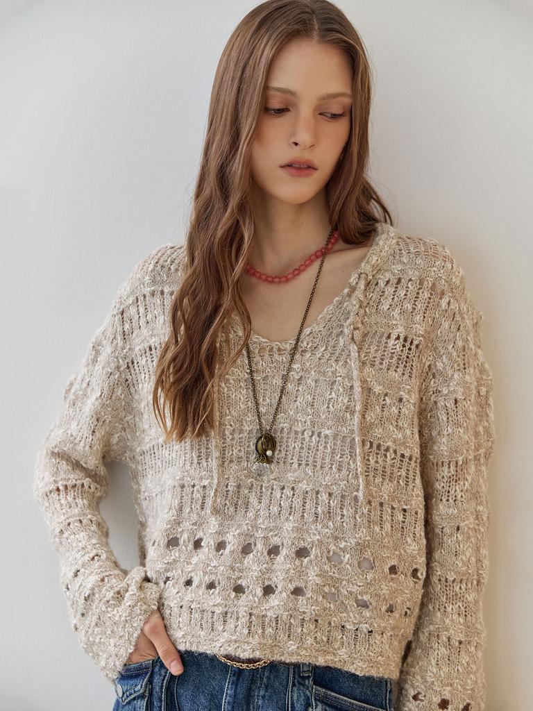 MAXZA Pearl Mix V-Neck Heathered Crochet Crop Knit