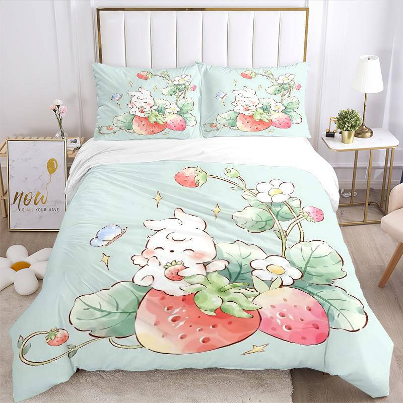 3pcs Strawberry Rabbit Bedding Set - 1 Soft Quilt Cover + 2 Pillowcases, Machine Washable - Suitable for All Seasons M096