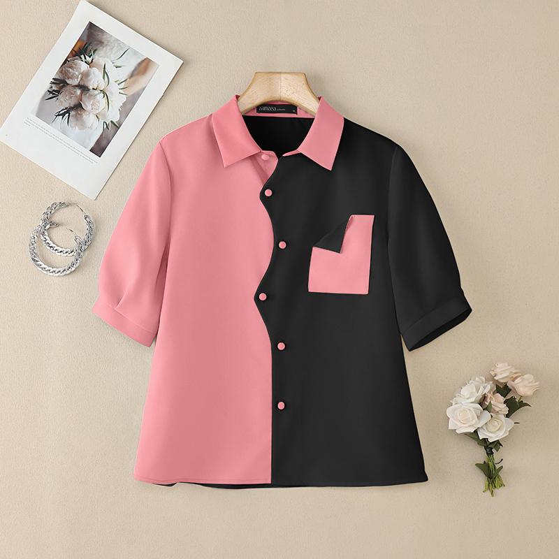 ZANZEA Women Turn Down Collar Summer Half Sleeve Patchwork Blouse