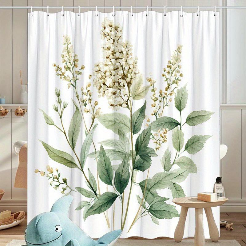 1Pc Botanical Watercolor Shower Curtain, Polyester Material, Machine Washable, With Hooks, Suitable For Bathroom Decoration