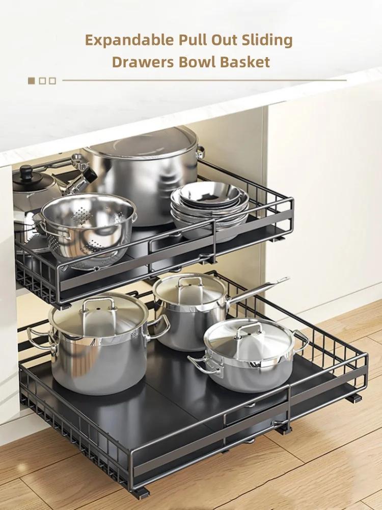 Expandable Pull Out Sliding Drawers Bowl Basket Kitchen Storage Racks Slide Out Cabinet Seasoning Bottle Organizer Accessories