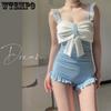 Bow Swimming Suit Women's Spa One-piece Swimwear South Korea Ins Obscure Belly Showing Thin Halter Sexy Beachwear