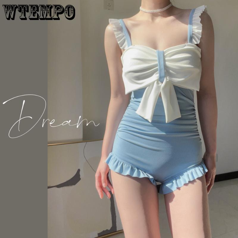 Bow Swimming Suit Women's Spa One-piece Swimwear South Korea Ins Obscure Belly Showing Thin Halter Sexy Beachwear