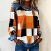 Damen karierter Patchwork-Kapuzenpullover aus Kunstdenim, Rundhals lockeres lässiges Sweatshirt, Mode bequemes Streetwear-Oberteil