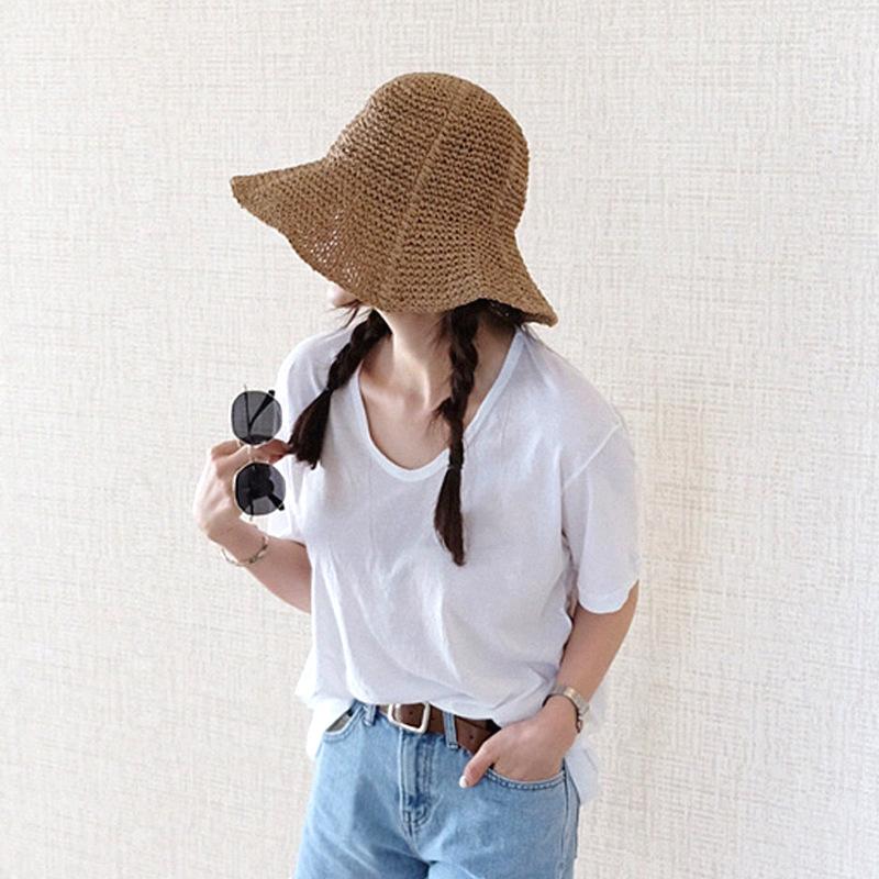 Wide Brim Straw Bucket Hat Classic Ruffle Crochet Summer Sun Hats Hollow Out Breathable Outdoor Travel Beach Hats for Women Daily Use