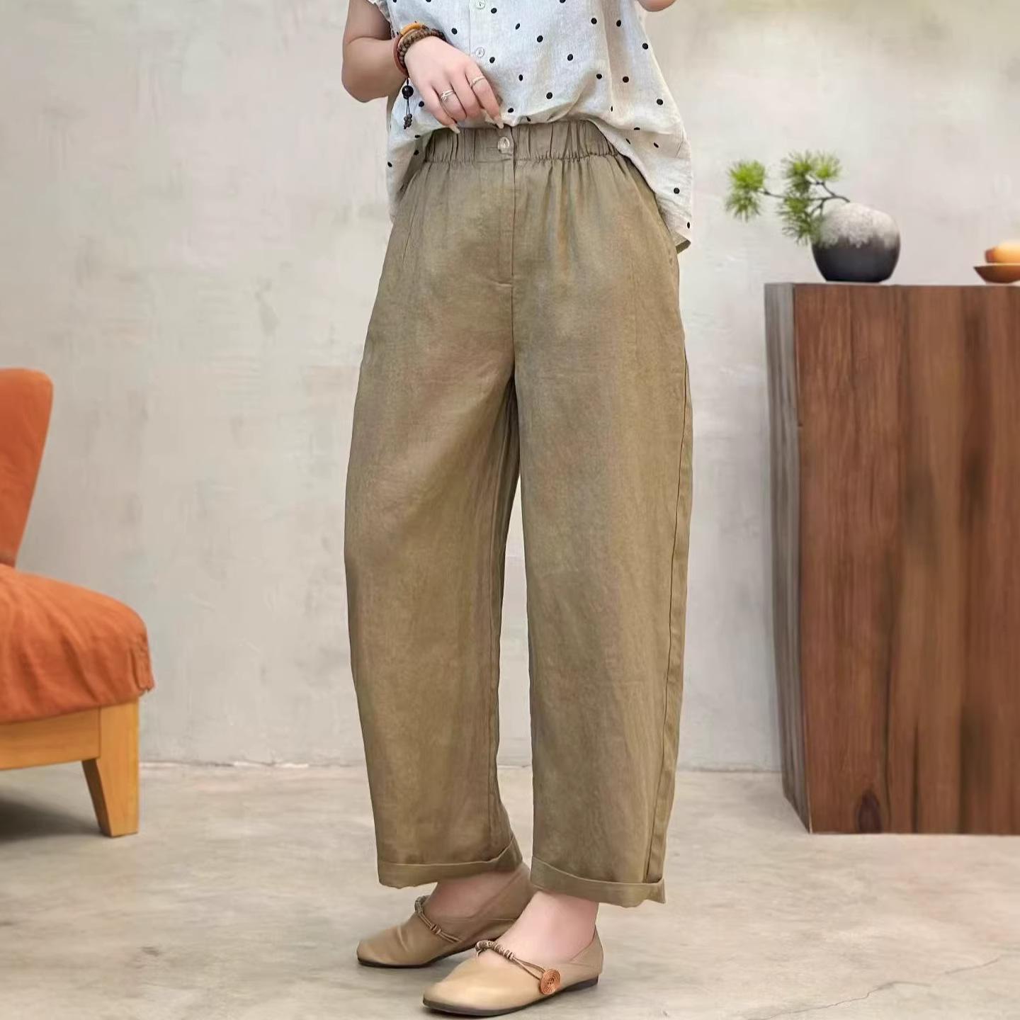 

2026 Artistic Elastic Waist Harem Linen Pants - Women s Loose, Single Button, Solid Color, Cropped Design Large хаки
