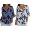 Women Spring Summer Shirt V Neck Single-breasted Contrast Color Leaf Printed Three Quarter Sleeve Loose Retro Thin Soft Breathable Lady Blouse