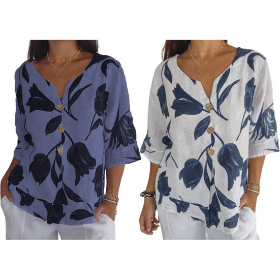 Ženy Jaro Léto Košile Výstřih do V Jednořadá Kontrastní barva Listový potisk Tříčtvrteční rukáv Volný Retro Tenká měkká prodyšná dámská halenka