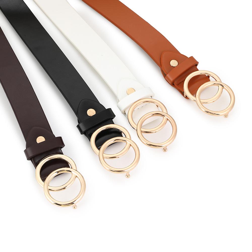 Women's Black Minimalist Double O Buckle Leather Belt – Korean-Style Waistband, Thin Fashion Accessory for Skirts and Jeans