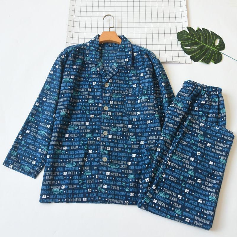 Japan Fashion Cotton Sanding Flannel Print Men's Long Sleeve Trousers Pajamas Set Spring, Autumn and Winter Cotton Lapel Homewear