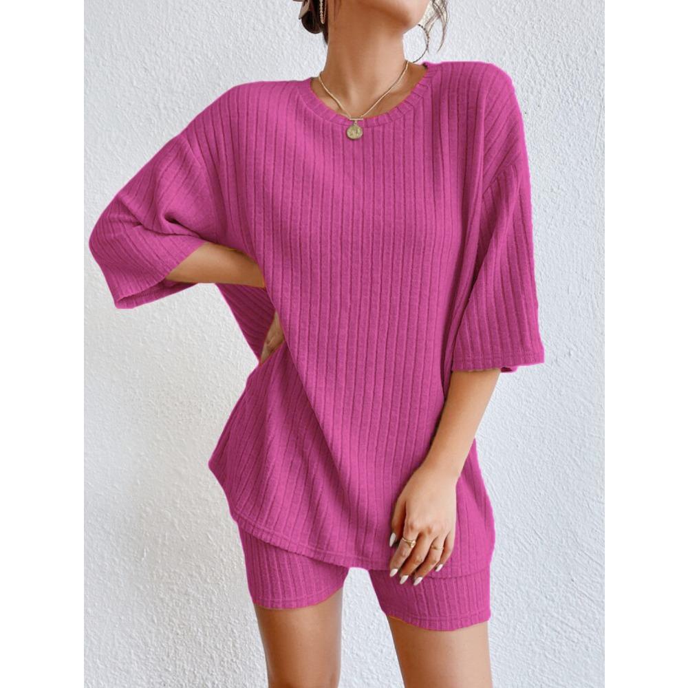 Women's Spring Solid Color Casual Outfit, Crew Neck Loose Top & Shorts Two-Piece Set