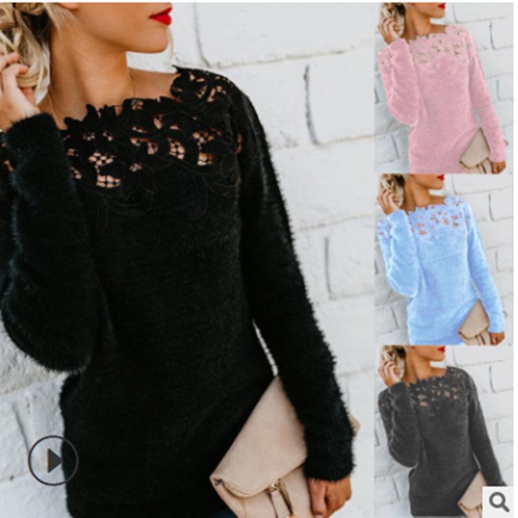 In-Stock 2025 Women's Solid Color Patchwork Lace Trim Long-Sleeved Sweater (OM8819)