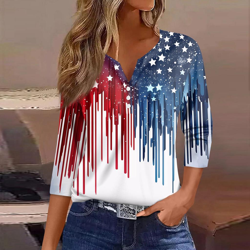 Damska Koszulka Dzień Niepodległości Nadruk Guziki Rękaw 3/4 Codzienna Weekendowa Modna Podstawa Dekolt V Regularny Top