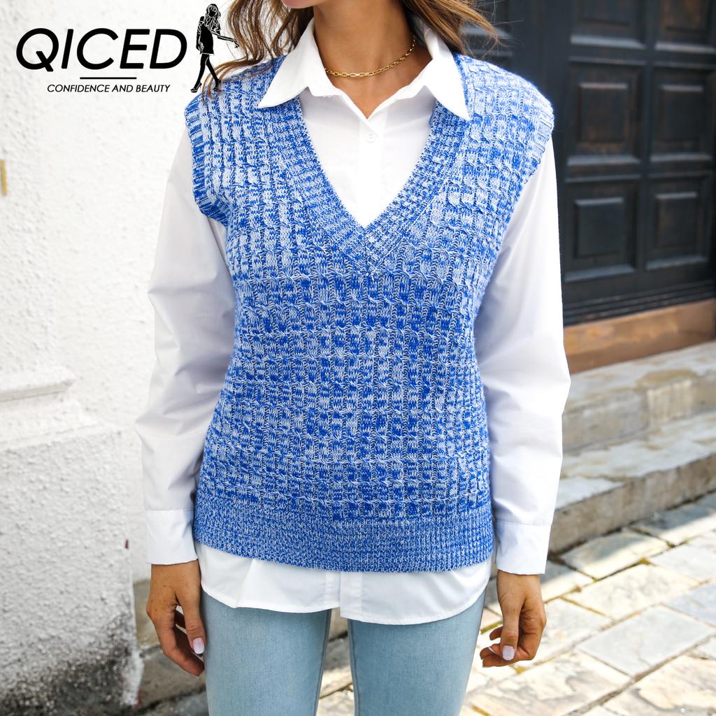 QICED Damenmode, lässig, einfarbig, Herbst und Winter, ärmellos, V-Ausschnitt, Strickwesten