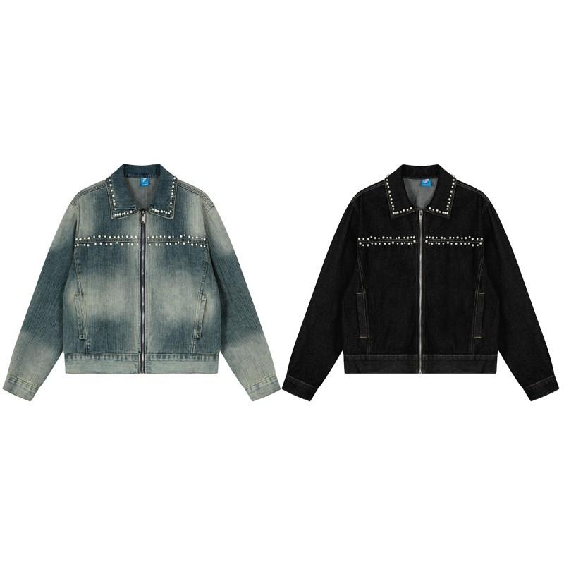 Vintage Washed Denim Jacket With Embellished Beading Loose Fit Unisex Streetwear Short Coat Fall