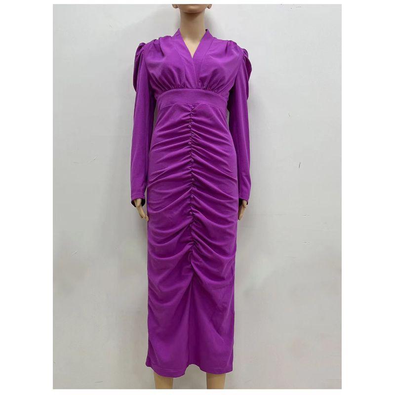 

Модное ветреное стильное темпераментное платье с длинными рукавами, плиссировкой, V-образным вырезом, приталенное, облегающее фигуру Medium purplish red XL